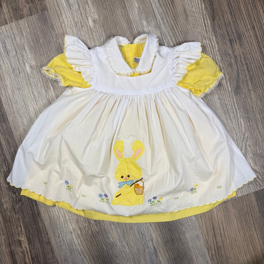 Vintage Fructuoso Baby Girl Easter Dress Yellow‎ Gingham Bunny Pinafore Lace